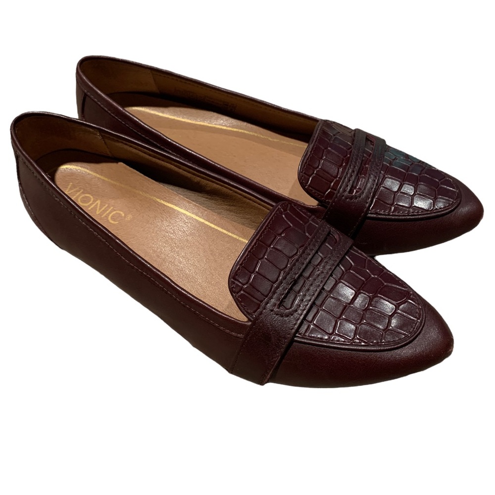 Vionic Savannah Brown Leather Croc Pointed Penny Loafers